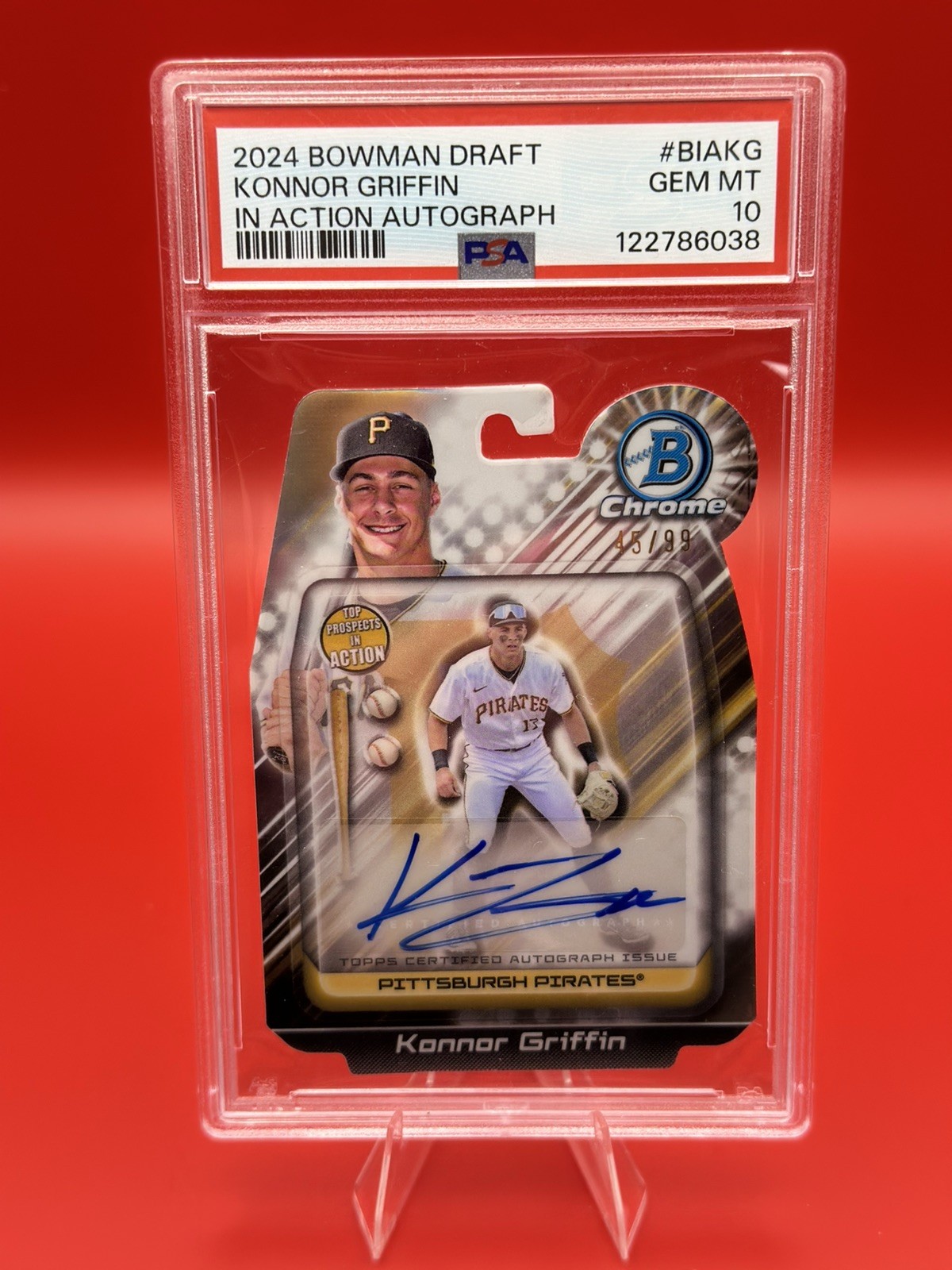 2024 Konnor Griffin 1st Bowman Chrome Auto /99 PSA 10 Pirates Low Pop RC In Act view 1