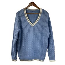 John Galt Sweater Blue V Neck Cable Knit Pullover OS Preppy