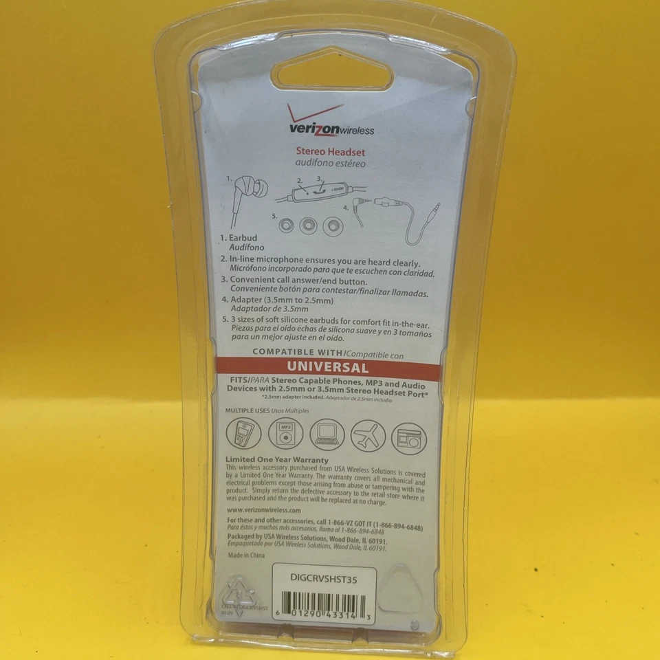 VERIZON Wireless Universal Stereo Headset Port 2.5 mm with Adapter Jack NEW - Image 2 of 2