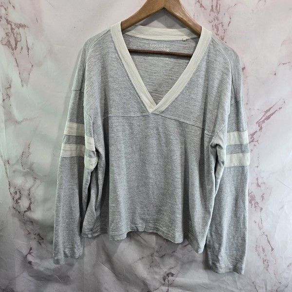Faherty Shirt Womens Large Gray T Tee Long Organic Cotton Varsity Slub Stripe