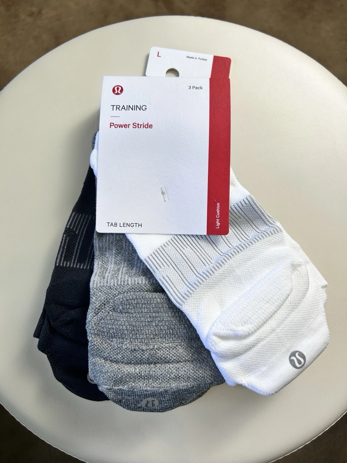 NWT Lululemon Power Stride Socks Tab 3 Pack - WHT/HTRG/BLK - Size L