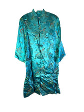Vintage 80s Womens Medium Satin Brocade Floral Oriental Kimono Robe Deco