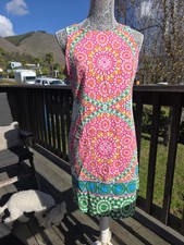 London Times Crew Neck Sleeveless Zipper Back Multi Print Cotton Shift Dress-Sz8