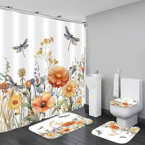 4Pcs Spring Dragonfly Shower Curtain Set Yellow Flower Bathroom Sets with Rug...