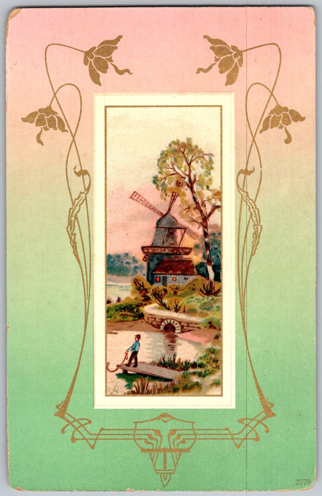 Antique Postcard Windmill River Scene 1910s