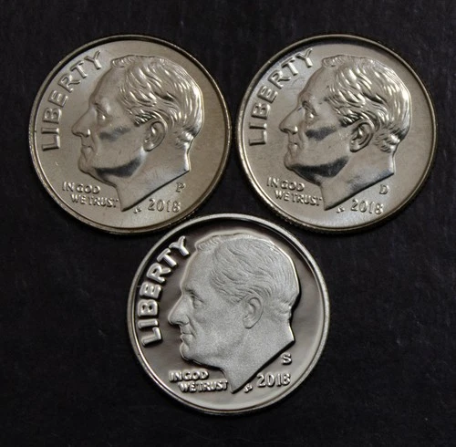 2018 PDS Roosevelt Dimes BU & Silver Proof 3 Coins Lot 4525