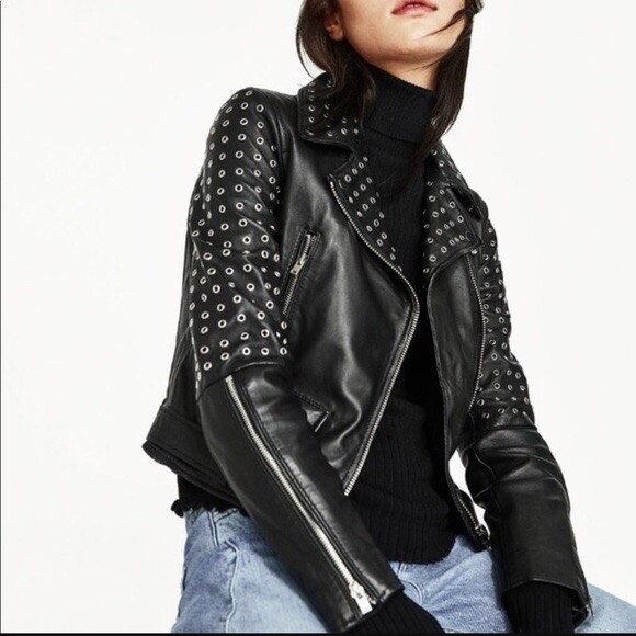 Zara Basic Black Genuine Leather Jacket With Grommets… Gem