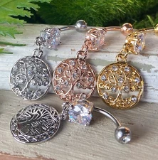 1pc Tree of Life Dangle w/Round CZ Pierced Belly Navel Naval Ring