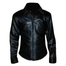 Classic Style Genuine Lambskin Stylish Handmade Men Black Leather Casual Shirt