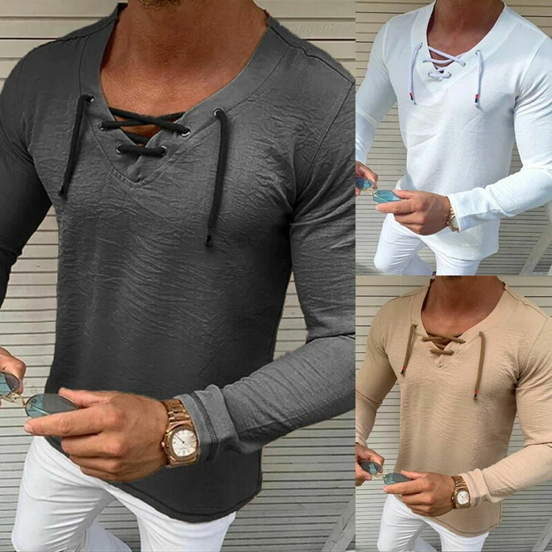 Camiseta De Manga Larga Casual Ajustada Escote V Para Hombre Elegante Moda | eBay