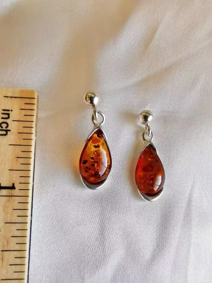Red UNIQUE Natural Authentic BALTIC AMBER 925 Sterling Silver Drop Earring Gift - Image 4 of 4