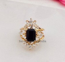 Natural Black Onyx Ring Set, Sterling Silver, Trio Bridal Ring , Engagement Ring