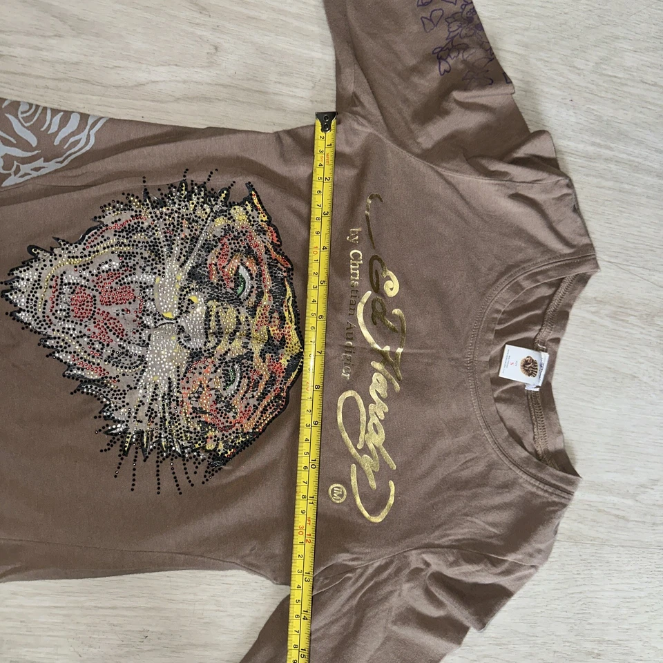 Camisa para mujer vintage Ed Hardy tatuaje manga larga tachonada tigre talla S beige Foto 3 de 4