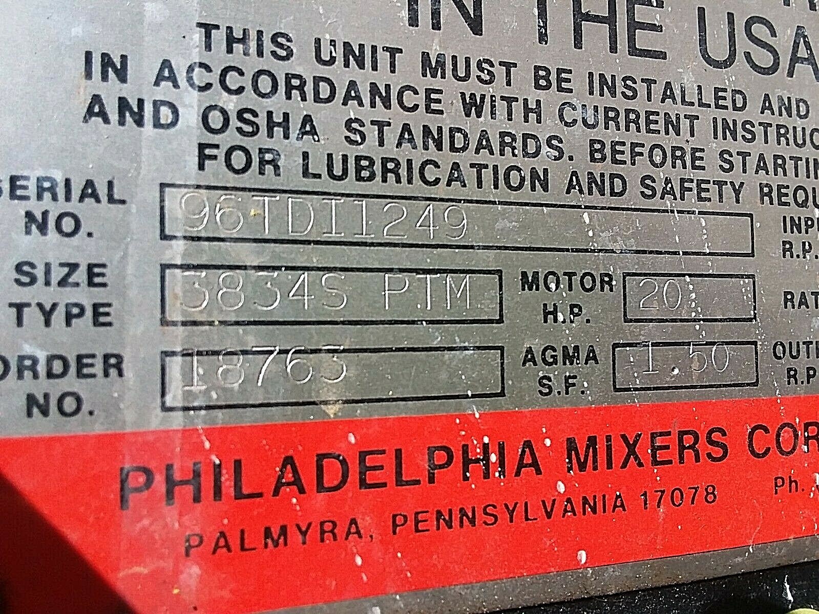 Philadelphia Mixers Mixing. 20.9 to 1 Motor Gear Reducer 20 hp LA eBay