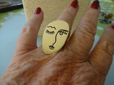 Bague Baroque Laiton Doré Motif Visage - Taille 56, Occasion Bon état, Style Cocteau