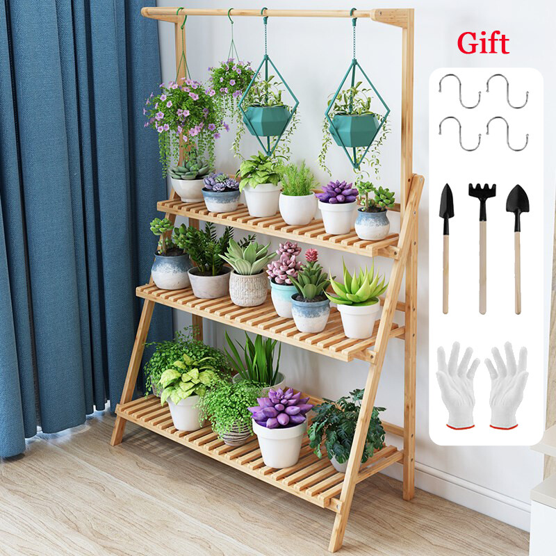 Bamboo Shelf Folding 3 Tier Ladder Book Plant Stand With Hanging Bar Multi Use