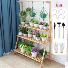 Bamboo Shelf Folding 3 Tier Ladder Book Plant Stand With Hanging Bar Multi Use