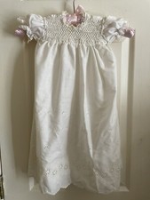 Vtg Polly Flinders White Eyelet Christening Dress Hand Smocked size 3-9 months