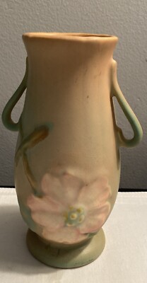 WELLER Peach Green Two Handled WILD ROSE Dogwood Art Pottery Vase