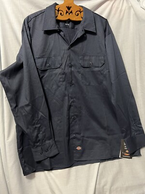 Men's Dickies Essential Work LS Button Down Shirt Flex Dark Navy Size XL NWT