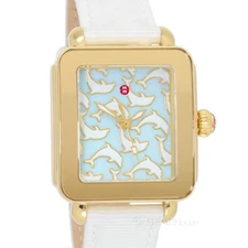 MICHELE Deco Sport Womens Gold Watch, Blue MOP Dolphin Dial, White Textile Strap