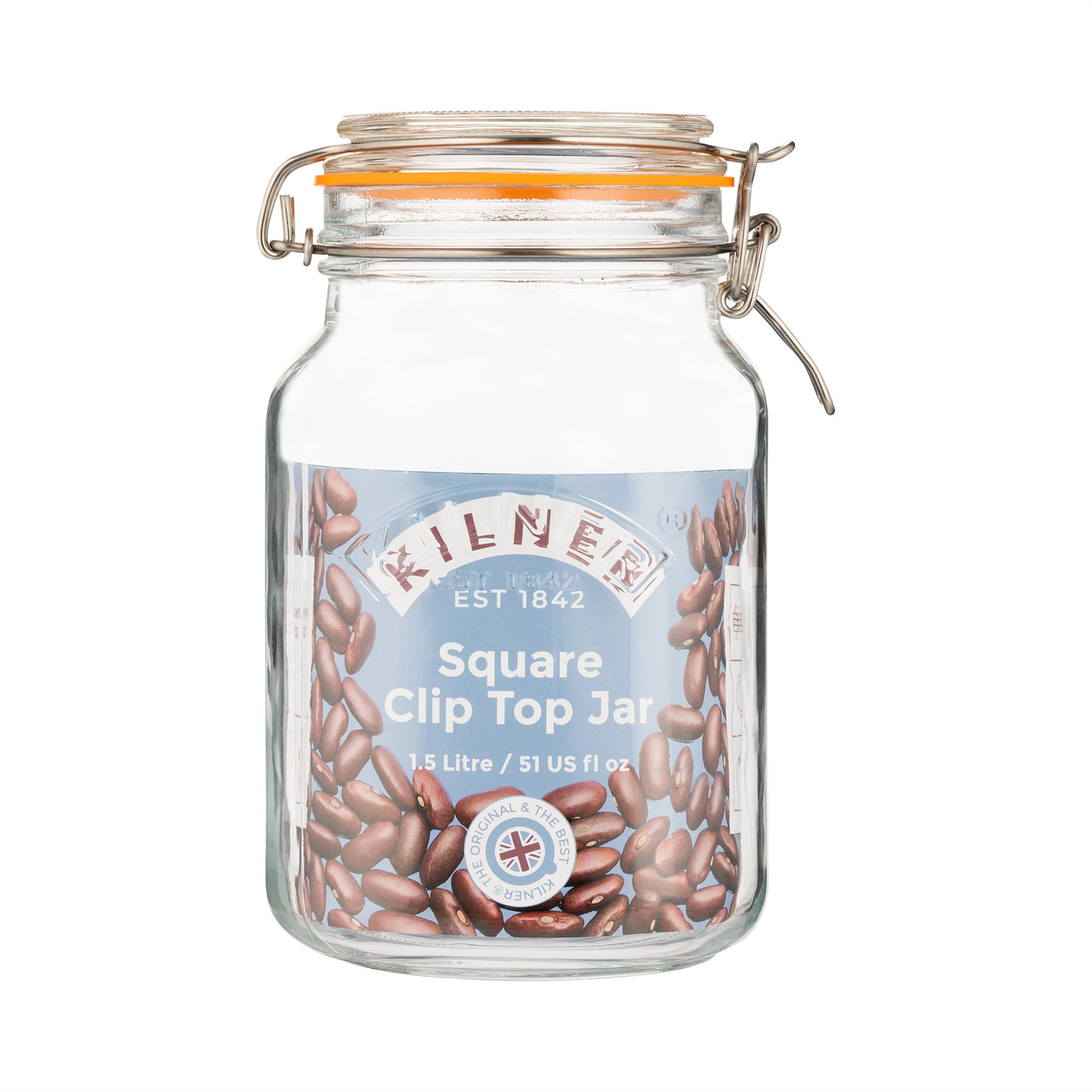 KILNER SQUARE GLASS CLIP TOP JAR WITH AIRTIGHT RUBBER SEAL 1.5 LITRE