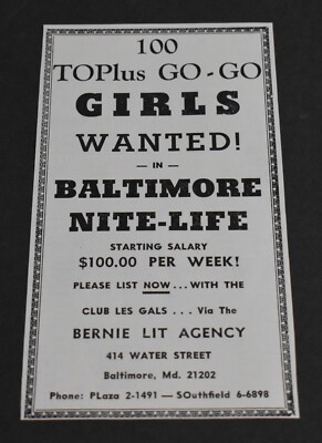 1968 Print Ad Maryland Baltimore Go Go Girls Wanted Bernie Lit Agency 414 Water