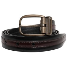 DOLCE & GABBANA Belt Black Burgundy Calfskin Metal Logo Buckle 90cm /36in 510usd