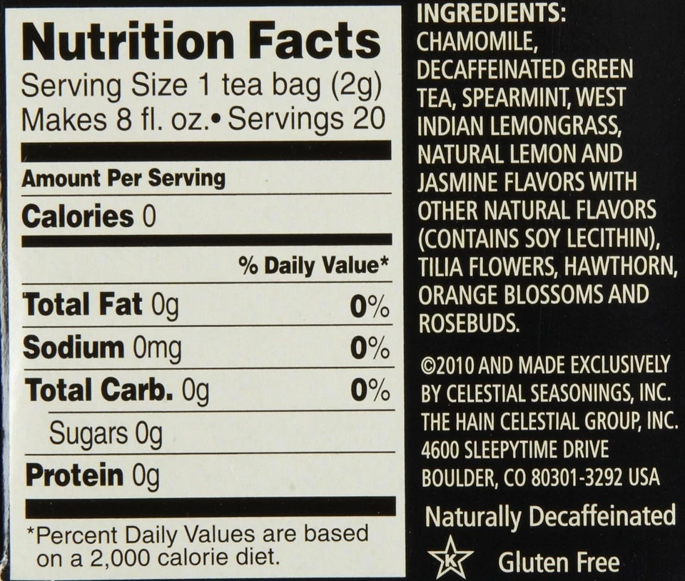 Зеленый чай Celestial Seasonings Sleepytime без кофеина лимон жасмин 20 пакетиков упаковка 6 шт. - Изображение 2 из 3