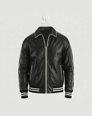 Premium Men's Black Leather Varsity Bomber Jacket - White Piping & Ribbed Trim 