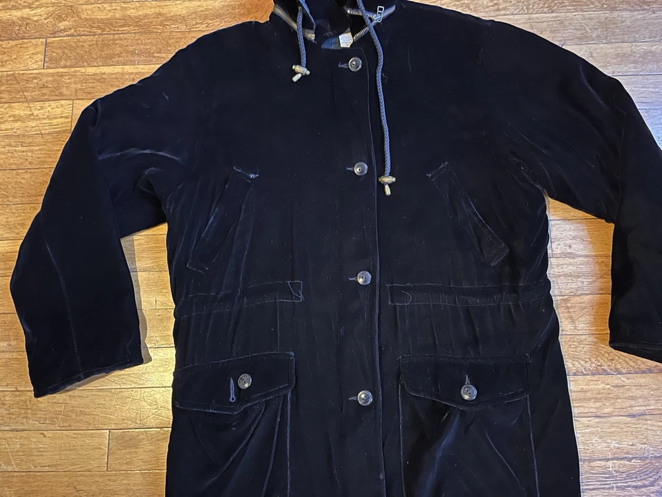 复古 Banana Republic 丝绒夹克女式 M 黑色连帽羊毛衬里 90 年代 — 第 3/4 张图片