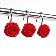 Red Rose Flower Shower Curtain Hooks Anti Rust Resin Decor Rings 12 PCS
