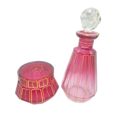 Ombre Cranberry Glass Cut To Clear Vanity Bottle & Jar Art Deco Josef Hoffmann 