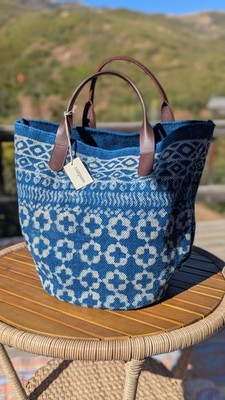 NWT SUNDANCE CATALOG Woven Indigo Blue White Shoulder Bag Purse Leather Handles