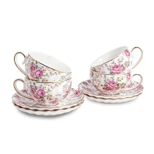 Tea Cup and Saucers, 6.4oz Floral Tea Cups with Gold Trim, Porcelain Teacup, ...