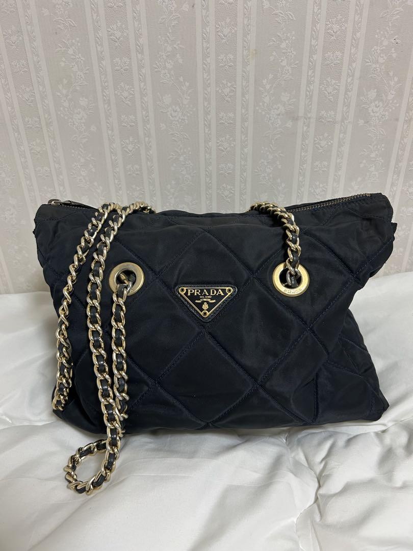 PRADA Black Quilted Leather Shoulder Bag with Chain Strap