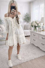 36 38 40 Tunika Kleid spitze Häkelspitze  Stickerei offene Schulter Ibiza Bömmel