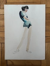 VTG 1950's MCM Watercolor Painting Dancer DressBlue Green Fashion 14.5 x 11 OOAK