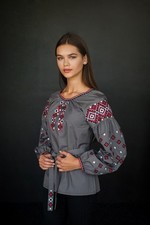 Women's Ukrainian Embroidered Blouse Gray Vyshyvanka with Belt Cotton