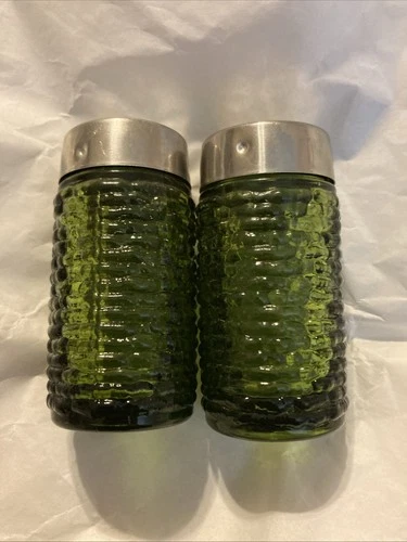 Vintage Mid Century Anchor Hocking Soreno Avacado Green Salt & Pepper Shakers