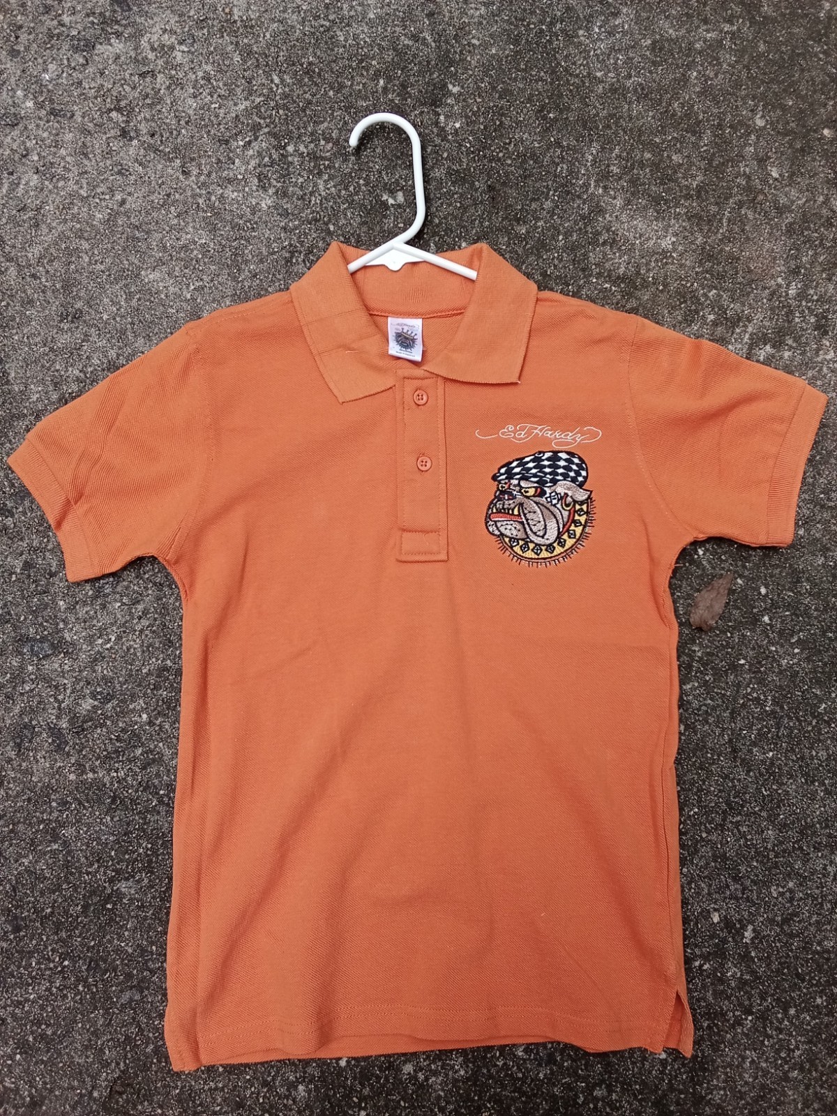 VTG Y2K Youth Sz 10 Ed Hardy Embroidered Spell Out Polo Rugby Orange Tiger HTF
