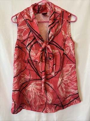 Merona Sleeveless Floral Red/pink Blouse Tie Keyhole Size Medium Polyester
