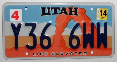 USA Nummernschild Utah ''LIFE ELEVATED'' mit Arch - Steinbogen, Sticker 2014. Y36.