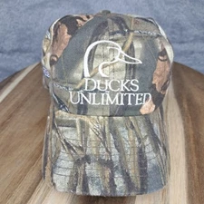 Vintage Ducks Unlimited Hat Cap Leather Strap Back Camouflage Hunting Made USA