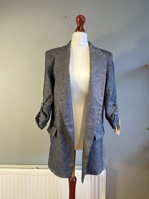 NEW ZARA ROLL-UP SLEEVE LINEN BLEND BLAZER INDIGO 2182/492 SIZE S