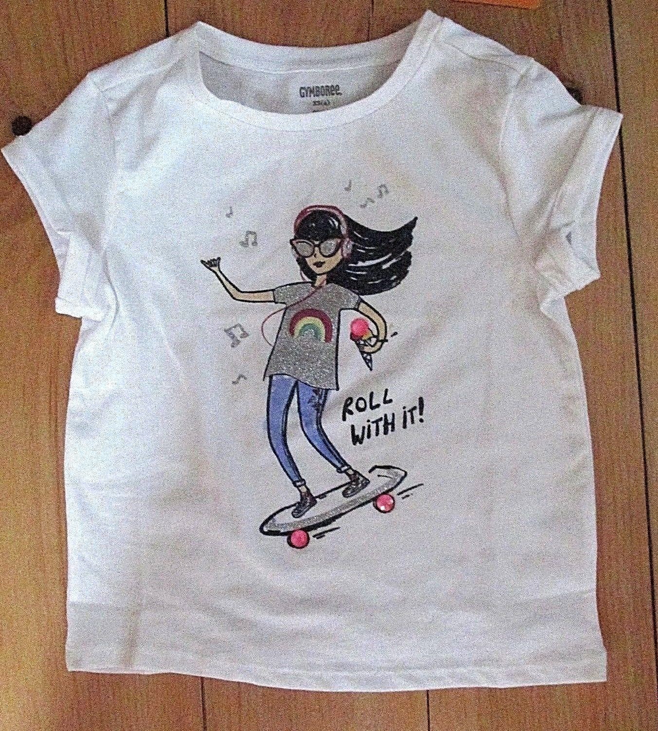 NEW Gymboree Shirt XS 4 Graphic White Skateboard Embroidered Rainbow Glitter