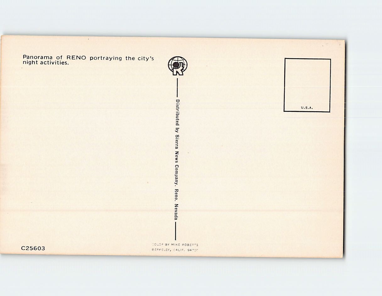 Postcard Night Scene Panorama of Reno Nevada USA