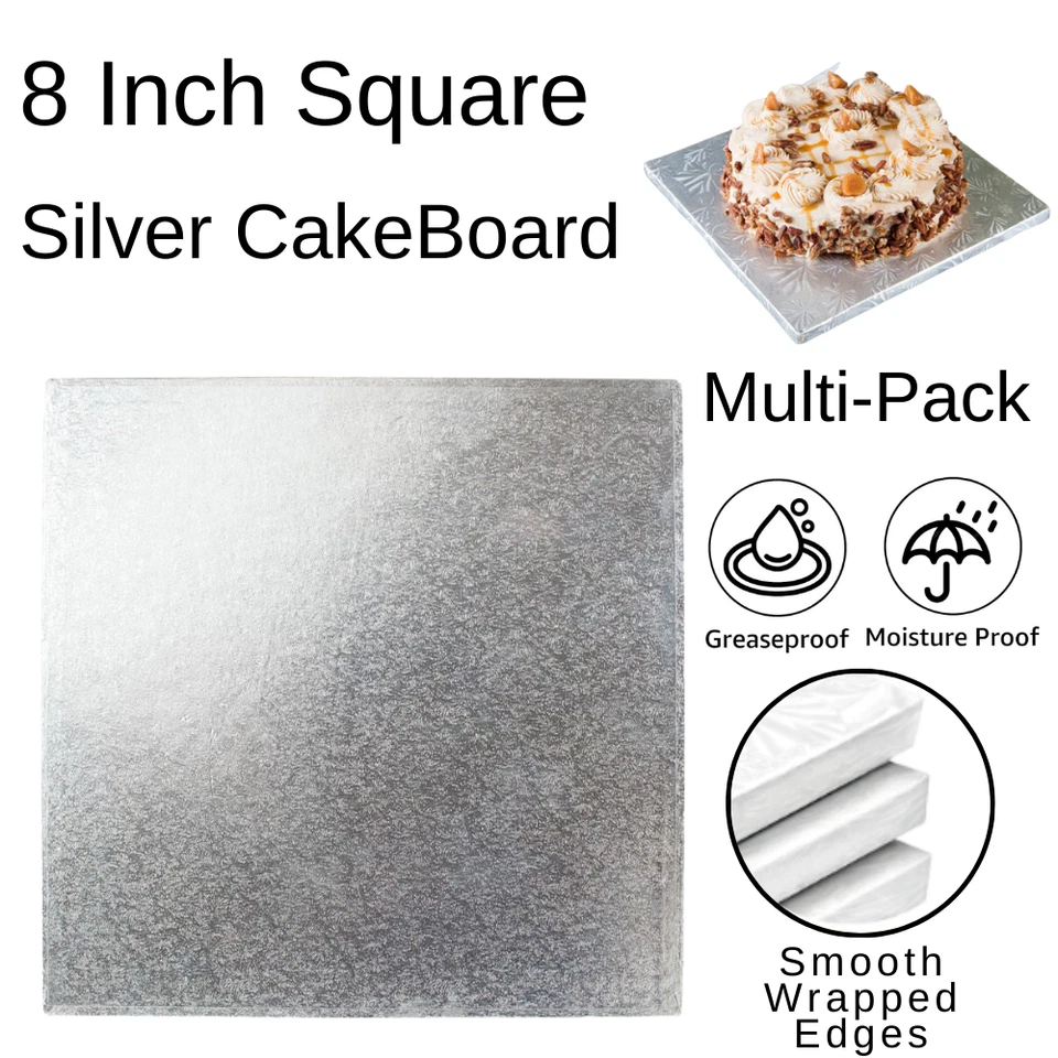 DORIC 8 Inch Square Cake Boards Premium Silver Foil 3mm Double Thick
