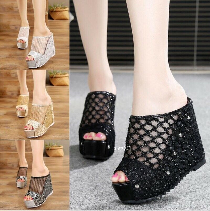 PANTOFOLA D’ORO Sandali donna punta aperta maglia cavi pantofole tacco alto zeppa taglia 35 39