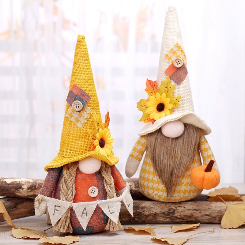 2 Herbst Wichtel Deko - Plüsch Elfen Mit Ahornblatt Für Wohnzimmer